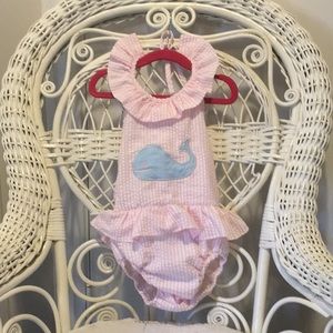 Girls 5 seersucker halter bathing suit